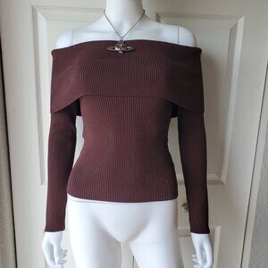 ASTR The Label Brown Ribbed Long Sleeve Off The Shoulder Top